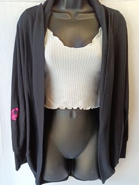 Women’s Black Open-Front Cardigan with Pink Accent